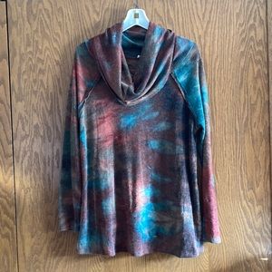 Pretty wool cowl neckblend sweater in browns, rust and teal.